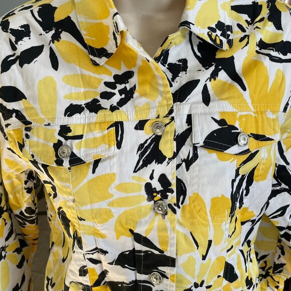 Womens Denim Floral Jacket Stretch Yellow Black Size 8 u - Picture 5 of 12